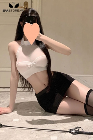 SMS675 - Cosplay thư ký với áo croptop trong suốt mix chân váy