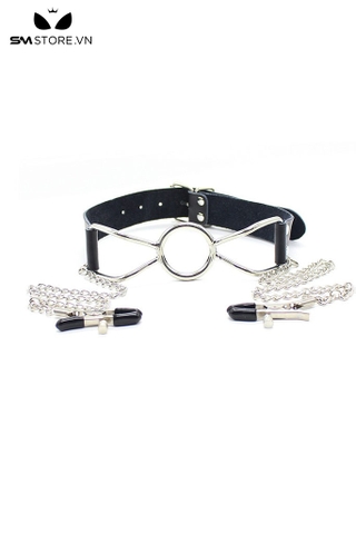 SMT1404 - Ring gag với vòng miệng bằng kim loại mix kẹp núm vú