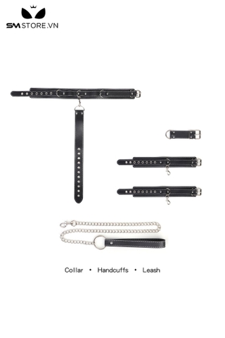 SMT2372 - Set đồ cố định tư thế SM có xích cổ kèm còng tay chất liệu da PU