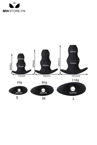 SMT982 - Butt plug silicon có lỗ thiết kế có chuôi với 3 size màu đen