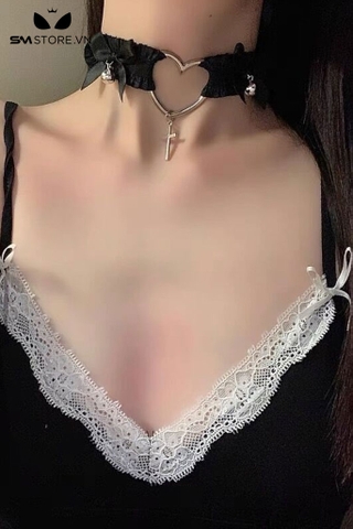 SMP194 - Choker nữ hình trái tim giữa mix chuông và mặt thánh giá