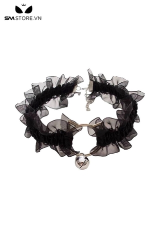 SMP198 - Vòng cổ chocker viền ren mặt mèo đính chuông và nấc chỉnh