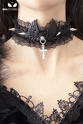 SMP208 - Vòng cổ choker nữ nền ren đính cánh thiên thần mix thánh giá