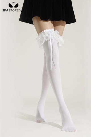 SMP228 - Tất da chân lolita với viền ren hoa đính nơ qua đầu gối