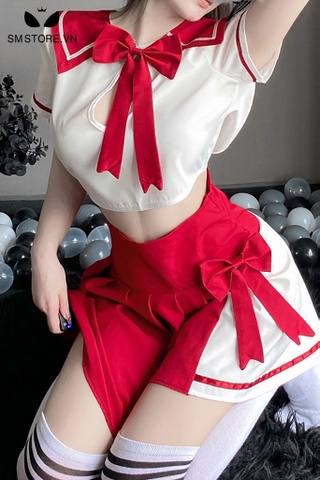 SMS116 - Đồng phục nữ sinh cosplay áo hở lưng mix váy xòe sexy