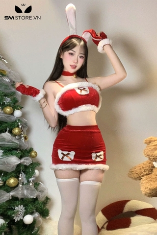 SMS858 - Set đồ ngủ noel tai thỏ với áo 2 dây và chân váy ngắn