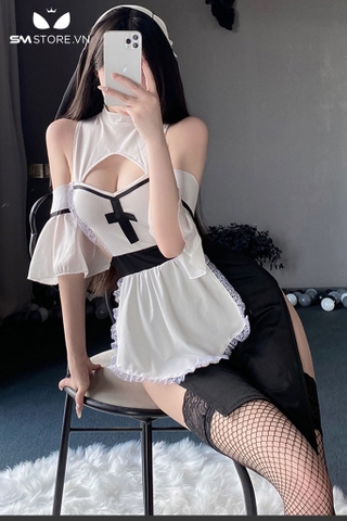 SMS883 - Váy ngủ cosplay sơ xẻ tà có tay áo và khóa cài ở sau