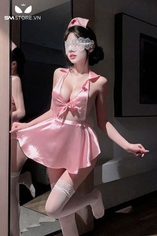 SMS900 - Đồ ngủ y tá với váy ngủ hở lưng sexy cổ chữ V khoét giữa