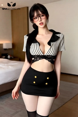 SMS935 - Cô giáo cosplay với áo croptop viền ren và chân váy xòe