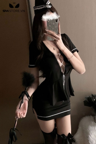 SMS942 - Cosplay tiếp viên với váy ngắn ôm body có dây đan chéo