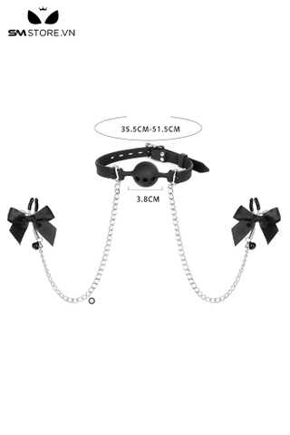 SMT3173 - Ball gag silicon có lỗ và kẹp ngực đính nơ gắn chuông inox