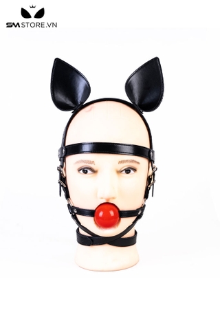 SMT3689 - Ball gag trơn silicon với tai mèo và 2 vòng dây qua đầu điều chỉnh