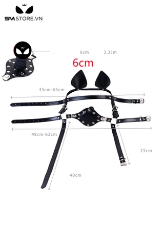 SMT3693 - Bộ head harness tai mèo khóa miệng da PU mix penis gag