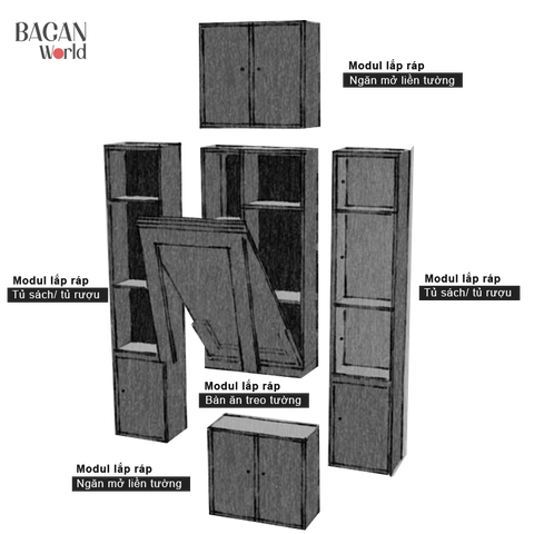 Bàn ăn gấp gọn hệ liền tường các khối lắp ráp kịch trần Bagan LT5