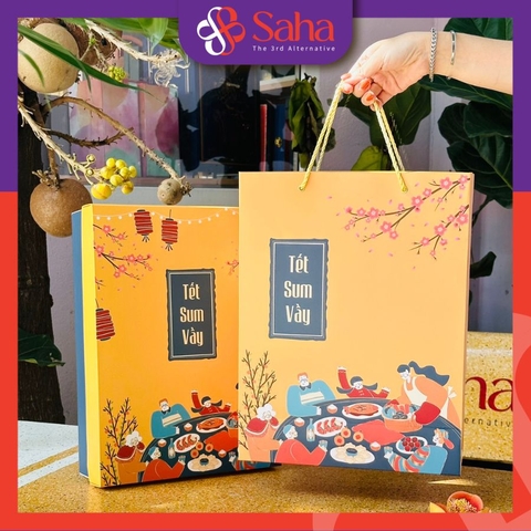 Hộp quà tết kèm túi giấy màu vàng - Tết sum vầy 25x35x10cm