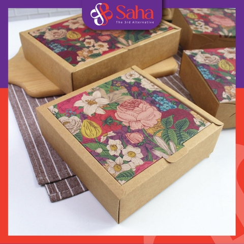 Hộp giấy Kraft đựng bánh handmade, quà tặng in hoa vintage 4 ngăn