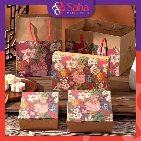 Hộp Đựng Bánh Trung Thu Giấy Kraft In Hoa Vintage Đựng 4 Bánh Hoặc 6 Bánh Loại 50gr