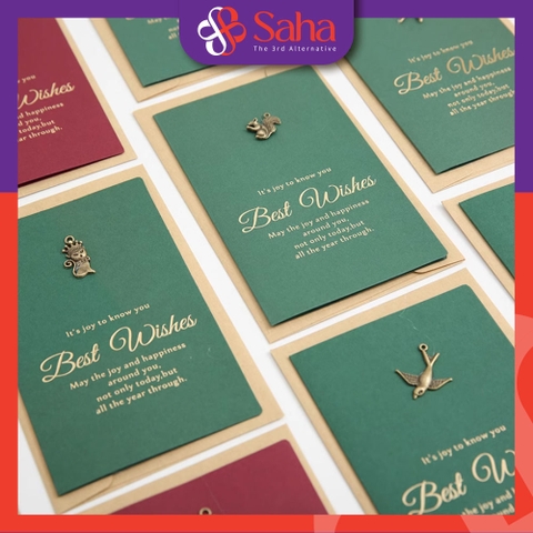 Thiệp giấy Best Wishes bìa xanh đính biểu tượng đồng kiểu Retro