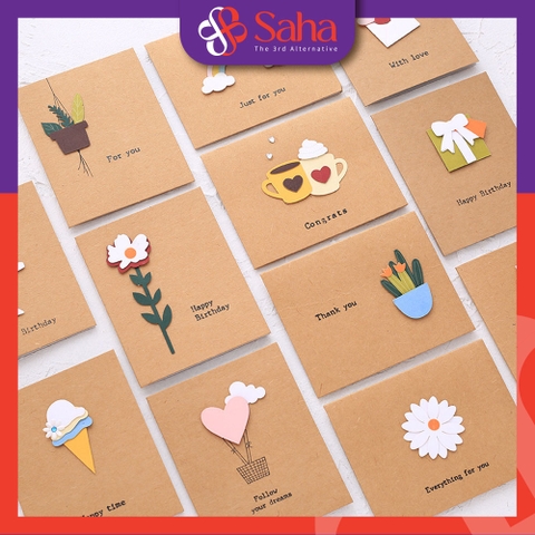 Thiệp giấy Kraft Vintage gắn hình 3D Handmade chúc mừng sinh nhật