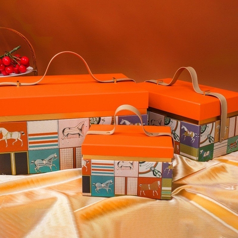 Hộp quà Hermes màu cam có quai xách tặng sinh nhật 3 size