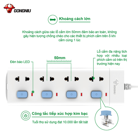 Ổ cắm điện Gongniu 4 lỗ 4 công tắc dây dài 5m GNVN-V3040-50