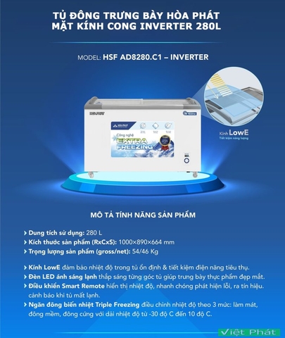 Tủ đông trưng bày Hòa Phát HSF AD8280.C1 mặt kính inverter 280L
