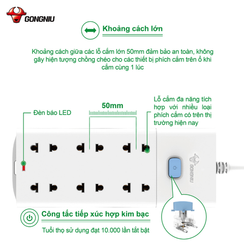 Ổ cắm điện Gongniu 6 lỗ 1 công tắc màu đen dây dài 3m GNVN-V1060-30