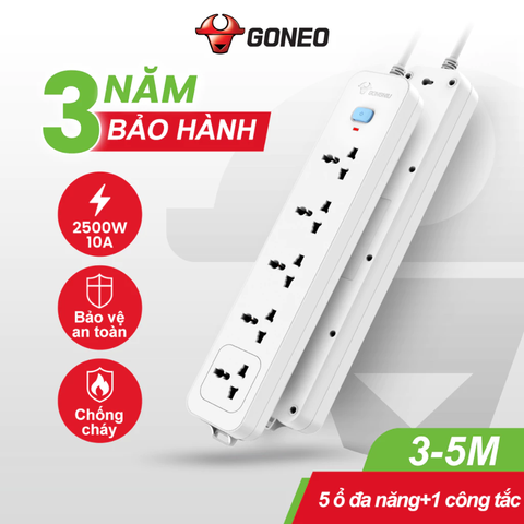 Ổ cắm điện đa năng Gongniu 5 lỗ 2 chấu 1 công tắc dây dài 5m GNVN-N1050-50