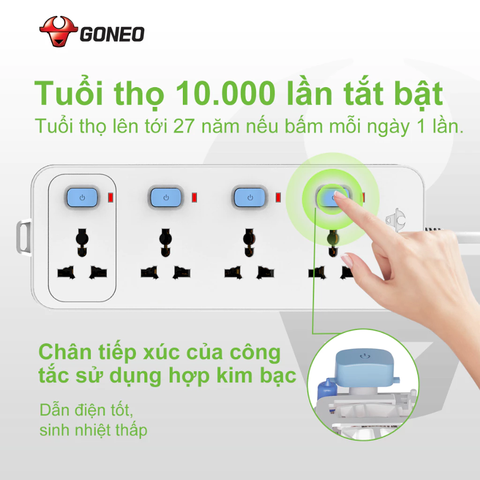Ổ cắm điện đa năng Gongniu 4 lỗ 2 chấu 4 công tắc dây dài 3m GNVN-N3040-30