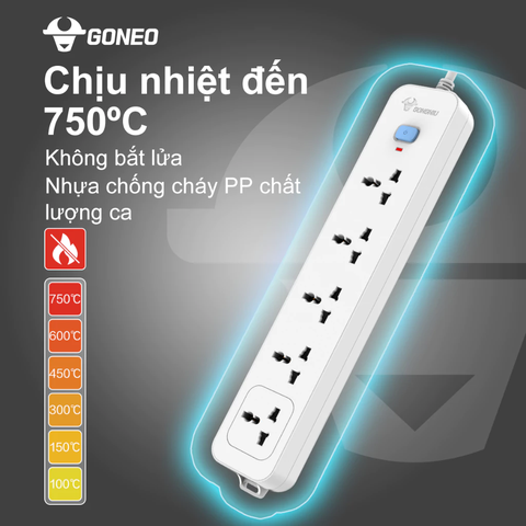 Ổ cắm điện đa năng Gongniu 5 lỗ 2 chấu 1 công tắc dây dài 5m GNVN-N1050-50