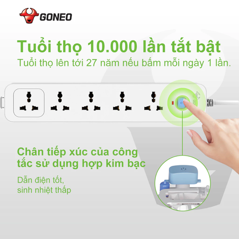 Ổ cắm điện đa năng Gongniu 5 lỗ 2 chấu 1 công tắc dây dài 5m GNVN-N1050-50