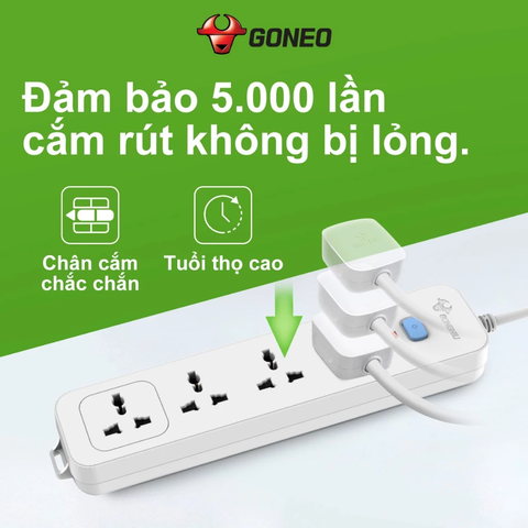 Ổ cắm điện đa năng Gongniu 4 lỗ 2 chấu 1 công tắc có nắp che an toàn dây dài 5m GNVN-N1040-50(P)