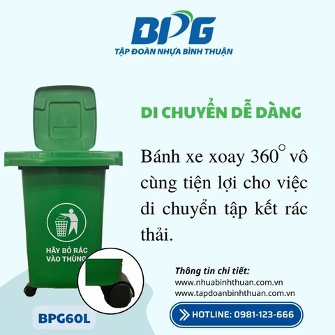 Thùng Rác 60L - BPG60L-FO + Dậm chân + Có bánh xe