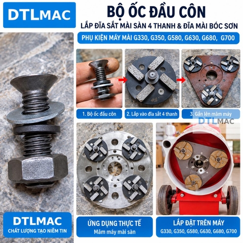 Bộ Ốc Đầu Côn Lắp Đĩa Sắt Mài Sàn 4 Thanh & Đĩa Mài Bóc Sơn – Phụ Kiện Máy Mài G330, G350, G580, G630, G680, G700