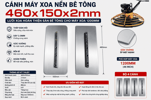 Cánh Máy Xoa Nền Bê Tông 460x150x2mm Trắng - Góc Vuông | Lưỡi Xoa Hoàn Thiện Sàn Bê Tông Cho Máy Xoa 1200mm