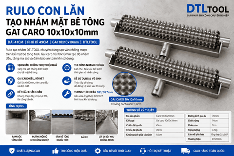 Rulo Con Lăn Tạo Nhám Mặt Bê Tông Gai Caro 10x10x10mm | Dài 49cm | DTLTOOL