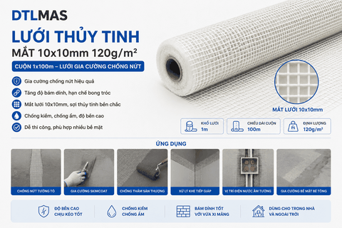 Lưới Thủy Tinh Mắt 10x10mm 120g/m² Cuộn 1x100m – Lưới Gia Cường Chống Nứt