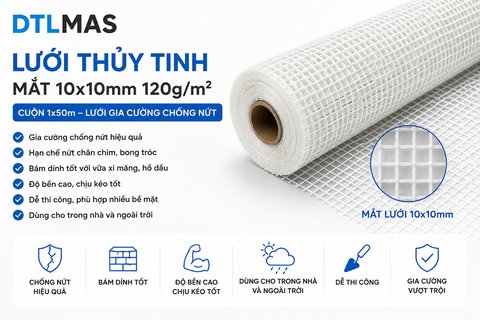 Lưới Thủy Tinh Mắt 10x10mm 120g/m² Cuộn 1x50m – Lưới Gia Cường Chống Nứt