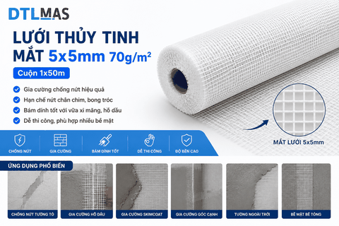 Lưới Thủy Tinh Mắt 5x5mm 70g/m² Cuộn 1x50m KDTL – Lưới Gia Cường Chống Nứt