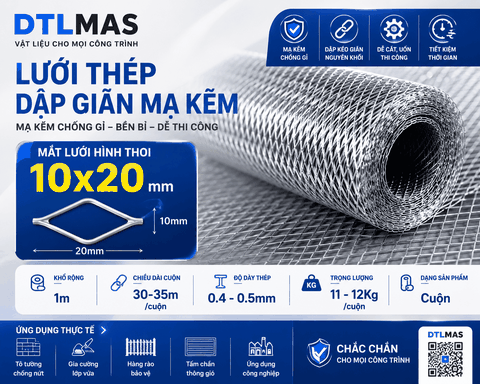 Lưới Thép Dập Giãn Mạ Kẽm 10x20mm Cuộn 1x30-35m | Lưới Hình Thoi Chống Nứt Tường, Trát Vữa