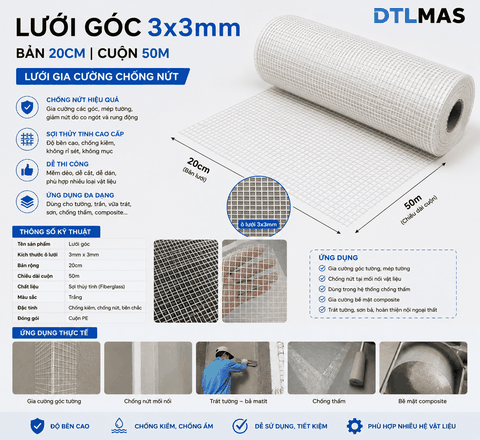 Lưới Góc 3x3mm | Bản 20cm | Cuộn 50m – Lưới Gia Cường Chống Nứt