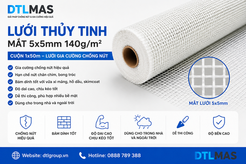 Lưới Thủy Tinh Mắt 5x5mm 140g/m² Cuộn 1x50m – Lưới Gia Cường Chống Nứt