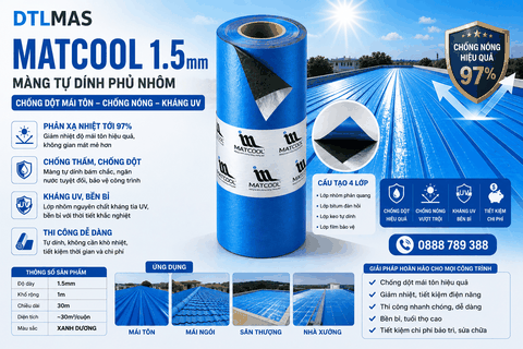 MATCOOL 1.5mm Màu Xanh Cuộn 1x30m | Màng Tự Dính Phủ Nhôm Chống Dột Mái Tôn, Chống Nóng Kháng UV