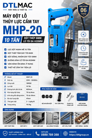 Máy Đột Lỗ Thủy Lực Cầm Tay MHP-20 10 Tấn – Đột Thép 6mm, Lỗ Φ20mm, Công Suất 1800W