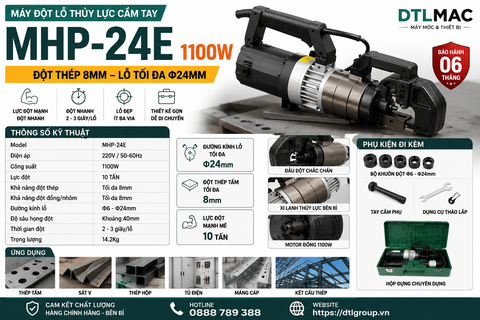 Máy Đột Lỗ Thủy Lực Cầm Tay MHP-24E 1100W – Đột Thép 8mm, Lỗ Tối Đa Φ24mm