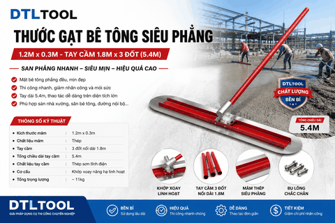 Thước Gạt Bê Tông Siêu Phẳng Mâm 1200x300mm – Tay Cầm 3 Đoạn Nối Dài 5.4m | DTLTOOL