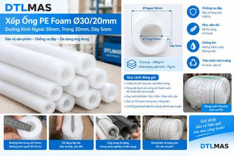 Xốp Ống PE Foam Ø30/20mm – Đường Kính Ngoài 30mm, Trong 20mm, Dày 5mm