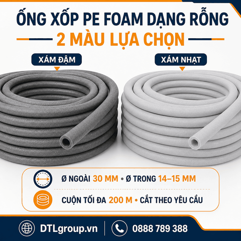 Ống Xốp PE Foam Dạng Rỗng Ø30/14–15mm Màu Xám | Cuộn 200m, Cắt Theo Yêu Cầu