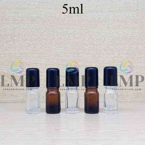 Chai tinh dầu nắp đen đầu bi lăn sắt 5ml