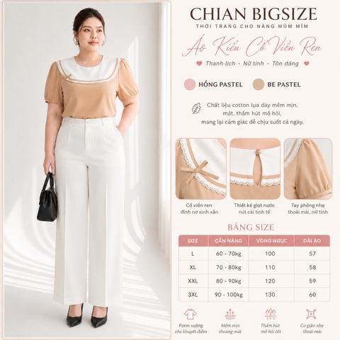 Áo kiểu bigsize nữ 60kg - 100kg viền ren phù hợp mặc đi làm, đi học, đi chơi